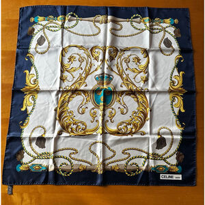 Celine Navy Teal Gold Silk Scarf